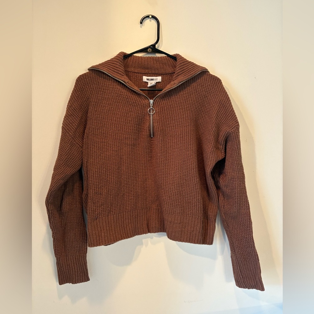 William Rast Sweater Half Zip Collared Mock Neck Waffle Knit Brown